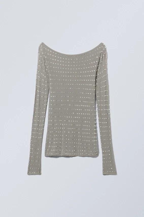 Transparentes Langarm-Top mit Strasssteinen – Staubgrau Transparentes Langarm-Top mit Strasssteinen – Staubgrau