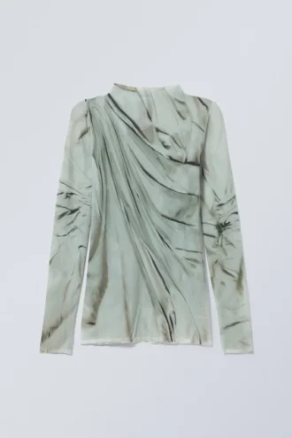 Transparentes Langarmshirt mit Stehkragen – Grüne Trompe-l’œil-Drapierung Transparentes Langarmshirt mit Stehkragen – Grüne Trompe-l’œil-Drapierung