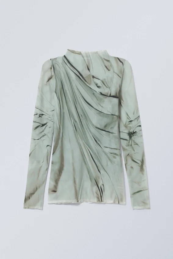 Transparentes Langarmshirt mit Stehkragen – Grüne Trompe-l’œil-Drapierung Transparentes Langarmshirt mit Stehkragen – Grüne Trompe-l’œil-Drapierung