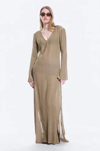 Transparentes, langärmeliges Maxikleid mit V-Ausschnitt – Beige