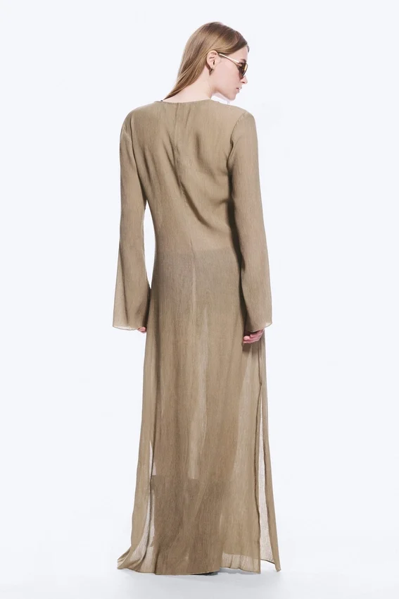 Transparentes, langärmeliges Maxikleid mit V-Ausschnitt – Beige Transparentes, langärmeliges Maxikleid mit V-Ausschnitt – Beige