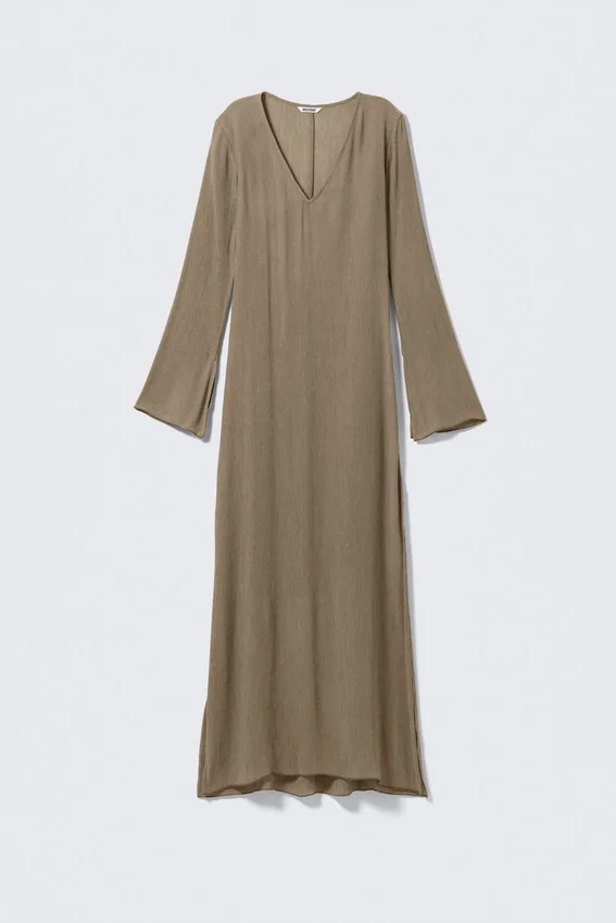 Transparentes, langärmeliges Maxikleid mit V-Ausschnitt – Beige Transparentes, langärmeliges Maxikleid mit V-Ausschnitt – Beige