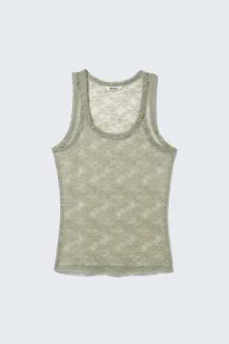 Transparentes, ärmelloses Spitzen-Tanktop – Khaki-Grün Transparentes, ärmelloses Spitzen-Tanktop – Khaki-Grün