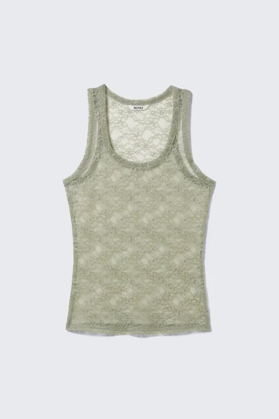 Transparentes, ärmelloses Spitzen-Tanktop – Khaki-Grün Transparentes, ärmelloses Spitzen-Tanktop – Khaki-Grün