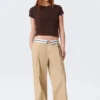 Twill-Hose mit niedriger Leibhöhe und gefaltetem Bund – Beige