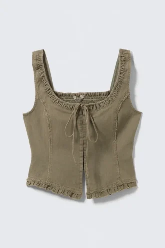 Twill-Korsett-Top mit Rüschenbesatz – Khaki-Grün Twill-Korsett-Top mit Rüschenbesatz – Khaki-Grün