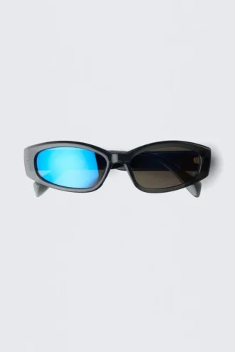 Unisex-Sonnenbrille mit geschwungenem Rahmen – Dunkelgrau – Blaue Gläser