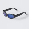 Unisex-Sonnenbrille mit geschwungenem Rahmen – Dunkelgrau – Blaue Gläser Unisex-Sonnenbrille mit geschwungenem Rahmen – Dunkelgrau – Blaue Gläser