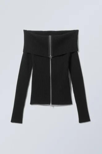 Vanna Off-Shoulder-Strickjacke mit Reißverschluss – Schwarz