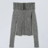 Vanna Off-Shoulder-Strickjacke mit Reißverschluss – zweifarbig grau Vanna Off-Shoulder-Strickjacke mit Reißverschluss – zweifarbig grau