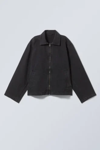 Washed Cotton Canvas Zip-Up Jacket – Washed Black