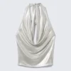 Wasserfall-Drapiertes Neckholder-Top – Glänzendes Beige Wasserfall-Drapiertes Neckholder-Top – Glänzendes Beige