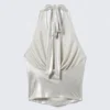 Wasserfall-Drapiertes Neckholder-Top – Glänzendes Beige Wasserfall-Drapiertes Neckholder-Top – Glänzendes Beige