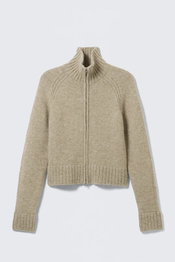 Weiche, figurbetonte Strickjacke mit Reißverschluss – Beige Melange Weiche, figurbetonte Strickjacke mit Reißverschluss – Beige Melange