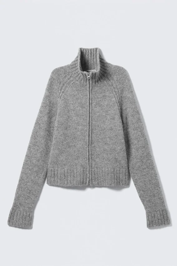 Weiche, figurbetonte Strickjacke mit Reißverschluss – Grau meliert Weiche, figurbetonte Strickjacke mit Reißverschluss – Grau meliert
