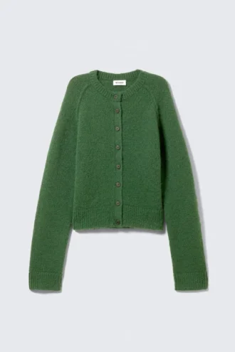 Weiche, schmal geschnittene Strickjacke aus Wollmischung – Dunkelgrün