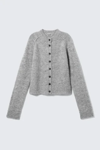Weiche, schmal geschnittene Strickjacke aus Wollmischung – Grau meliert