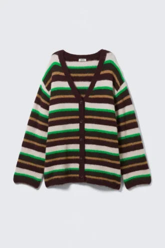 Weiche Strickjacke mit V-Ausschnitt – Streifen in Pflaume/Grün/Beige