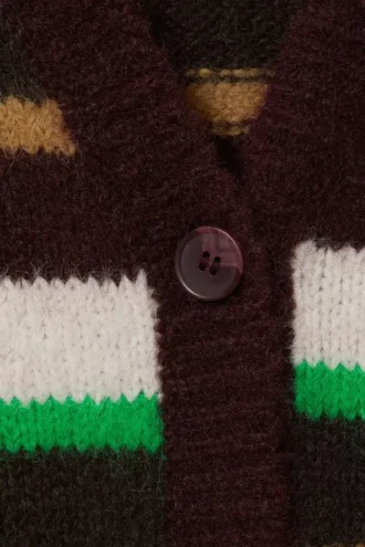 Weiche Strickjacke mit V-Ausschnitt – Streifen in Pflaume/Grün/Beige