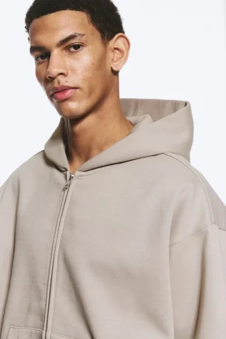 Weit geschnittener Kapuzenpullover mit Reißverschluss – Hellbeige Weit geschnittener Kapuzenpullover mit Reißverschluss – Hellbeige