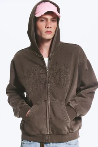 Weit geschnittener Kapuzenpullover mit Reißverschluss und Print – Dunkelbraun Weit geschnittener Kapuzenpullover mit Reißverschluss und Print – Dunkelbraun