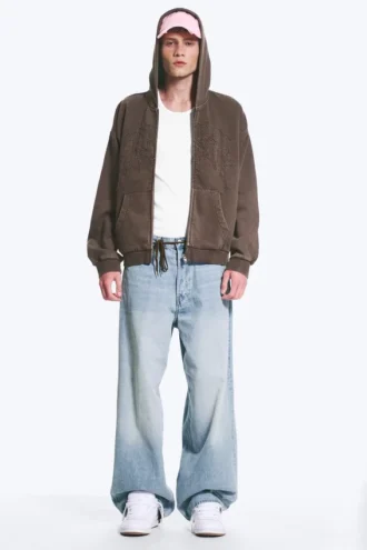 Weit geschnittener Kapuzenpullover mit Reißverschluss und Print – Dunkelbraun Weit geschnittener Kapuzenpullover mit Reißverschluss und Print – Dunkelbraun
