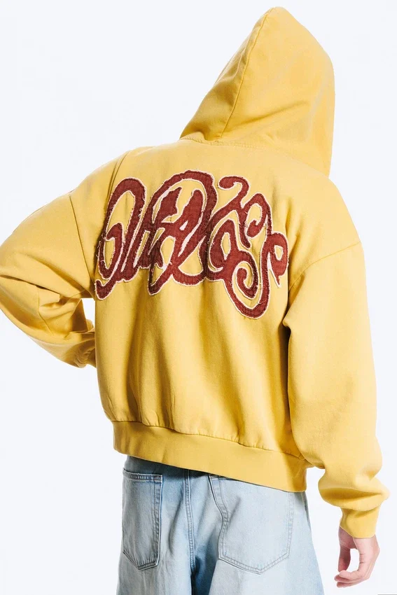 Weit geschnittener Kapuzenpullover mit Reißverschluss und Print – Gelb – Rote Welle Weit geschnittener Kapuzenpullover mit Reißverschluss und Print – Gelb – Rote Welle