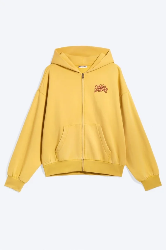 Weit geschnittener Kapuzenpullover mit Reißverschluss und Print – Gelb – Rote Welle Weit geschnittener Kapuzenpullover mit Reißverschluss und Print – Gelb – Rote Welle