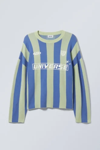 Weit geschnittener Strickpullover im Fußball-Team-Look – grün-blau gestreift