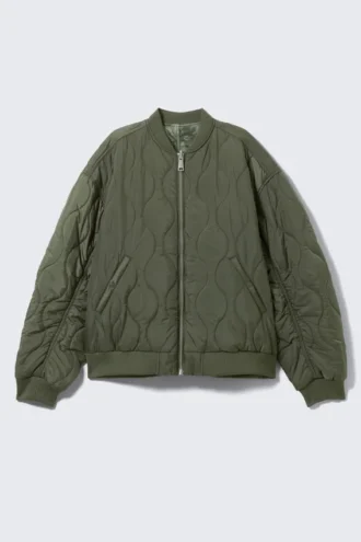Weite, wendbare Bomberjacke – Dunkelkhaki – Blumenmuster