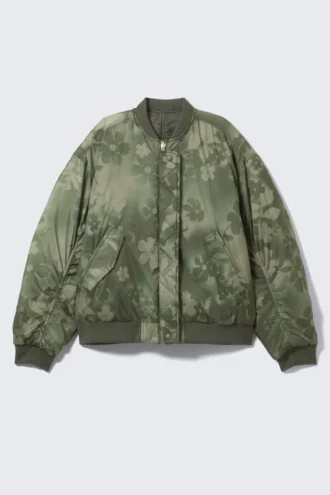 Weite, wendbare Bomberjacke – Dunkelkhaki – Blumenmuster