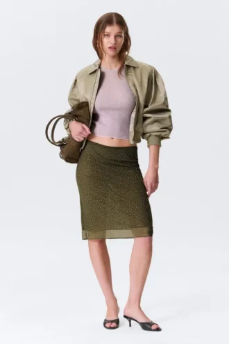 Yulia B Midi-Rock aus Mesh mit Strass – Khaki-Grün – Strass