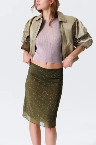 Yulia B Midi-Rock aus Mesh mit Strass – Khaki-Grün – Strass