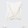 Yulia B Strickjacke mit Rüschen und V-Ausschnitt – Weiß